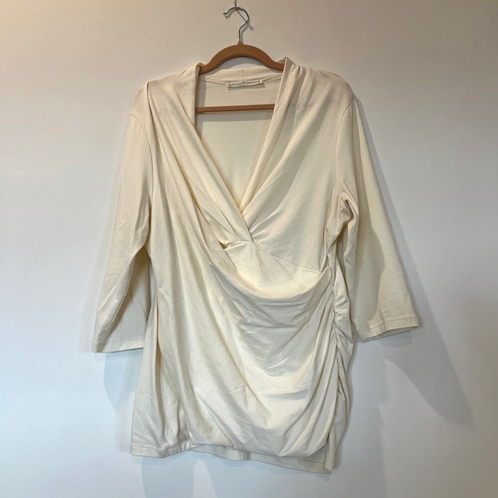 Peruvian Connection Faux Wrap V Neck 3/4 sleeve knit top ivory cream XL cotton